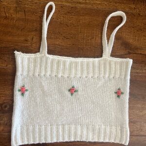 Adorable Feminine White Knit White Crop Tank Top with Floral Embroidery